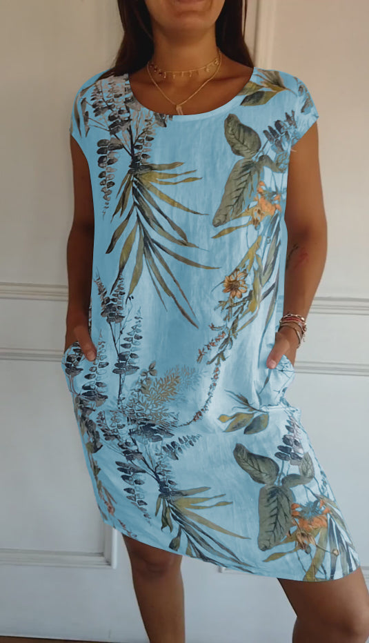 W&W Mode | Kurze Ärmel Lockere Passform Kurzes Kleid Geblümtes Kleid