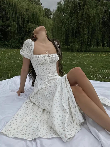 W&W Mode | Blumendruck Puffärmel Sommerkleid Maxikleid