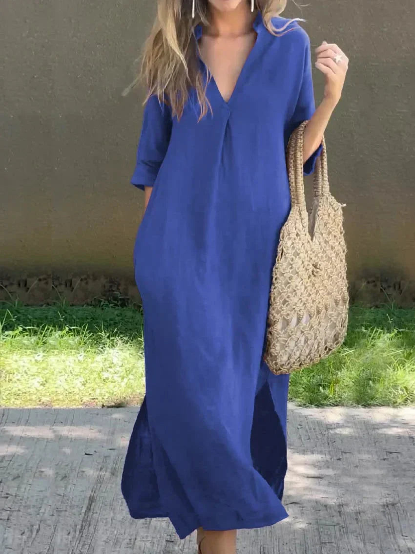 W&W Mode | Leinenkleid Mit V-ausschnitt Und Taschen Für Damen