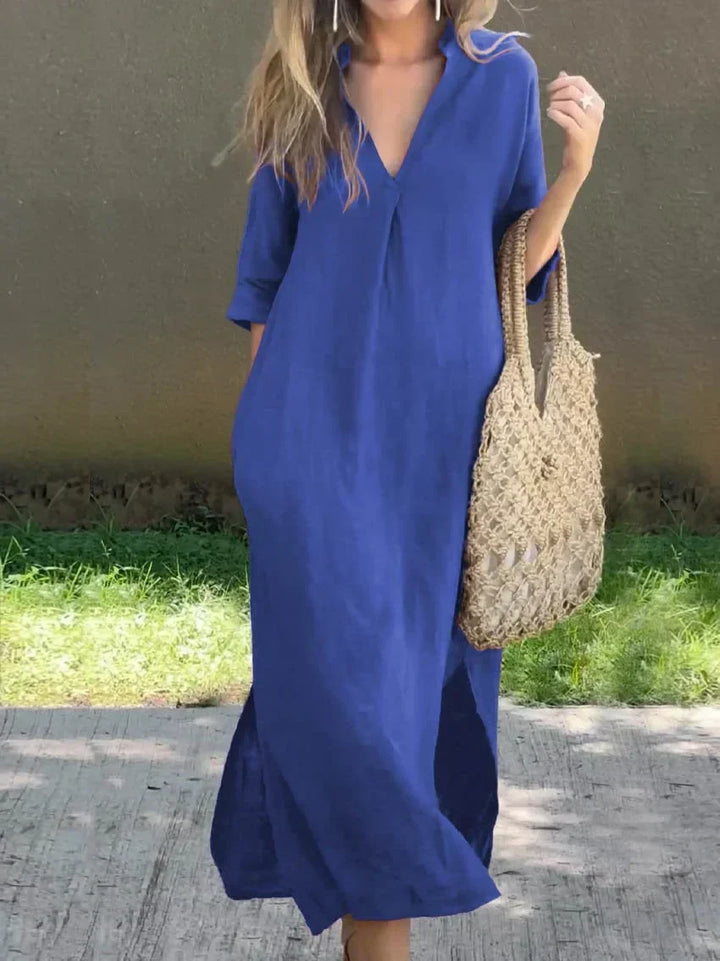 W&W Mode | Leinenkleid Mit V-ausschnitt Und Taschen Für Damen