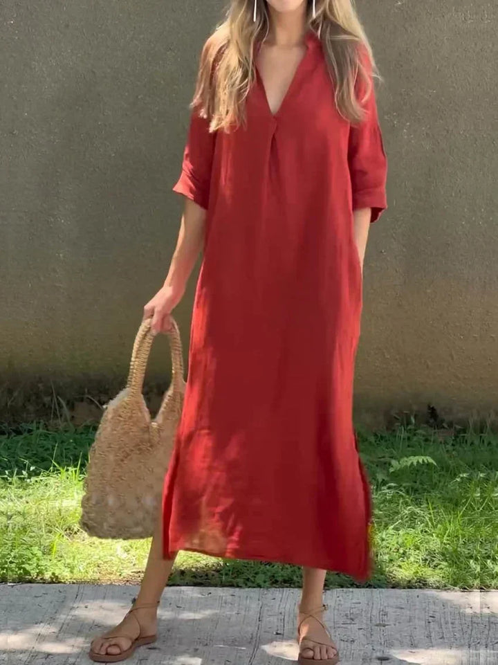 W&W Mode | Leinenkleid Mit V-ausschnitt Und Taschen Für Damen