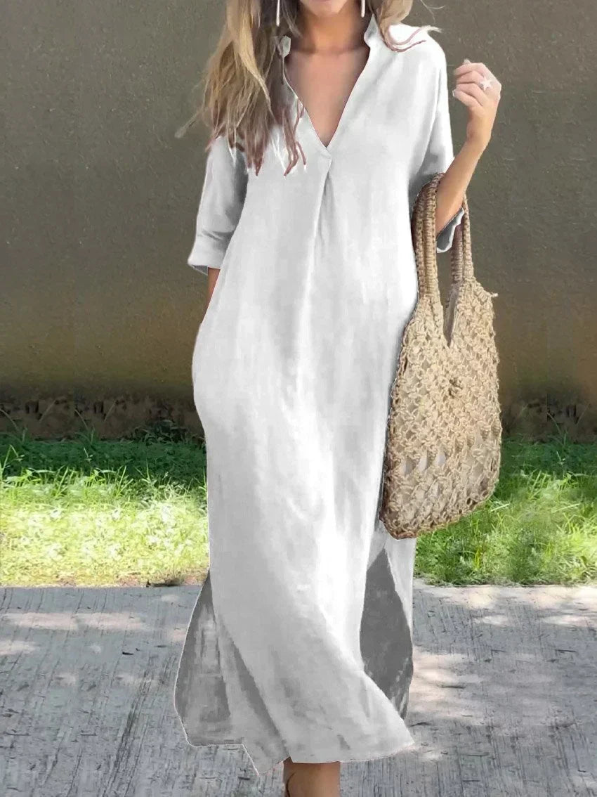 W&W Mode | Leinenkleid Mit V-ausschnitt Und Taschen Für Damen
