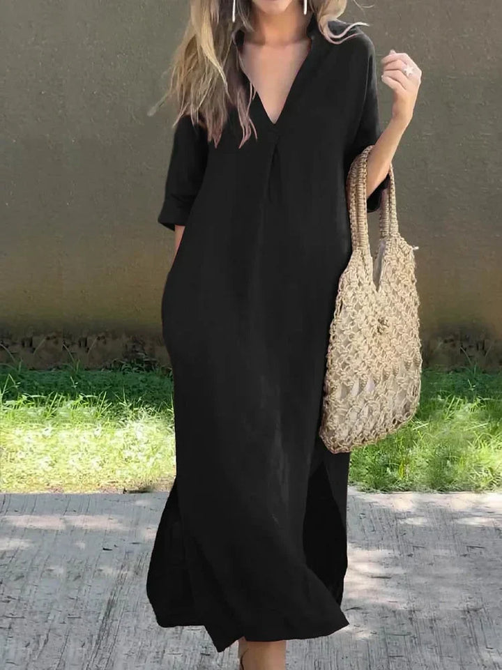 W&W Mode | Leinenkleid Mit V-ausschnitt Und Taschen Für Damen