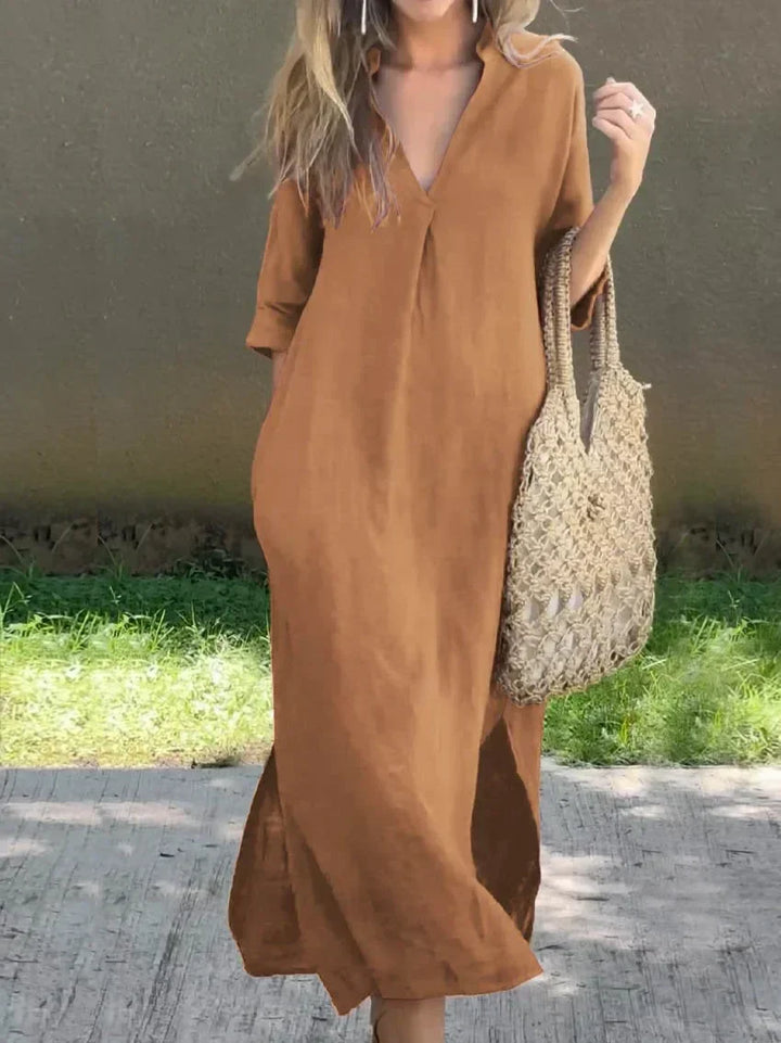 W&W Mode | Leinenkleid Mit V-ausschnitt Und Taschen Für Damen