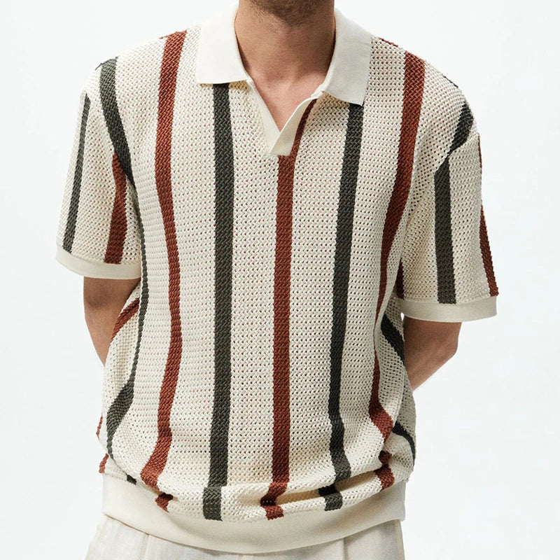 W&W Mode | Gestreiftes Offen Strick Poloshirt Für Herren
