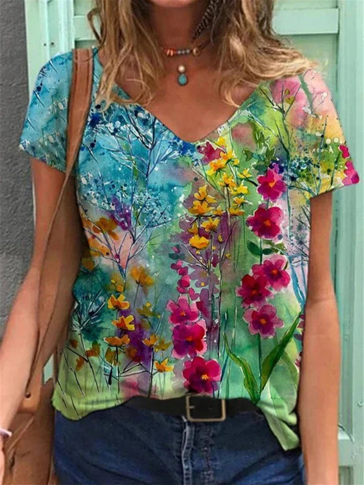W&W Mode | Shirt Mit V-ausschnitt Malerei Blumenkunst