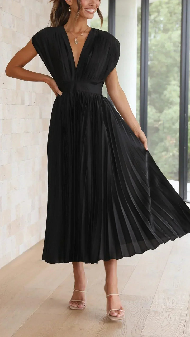 W&W Mode Plissiertes Kleid | Elegantes Mido Damenkleid mit V-Ausschnitt und Rückenbindung