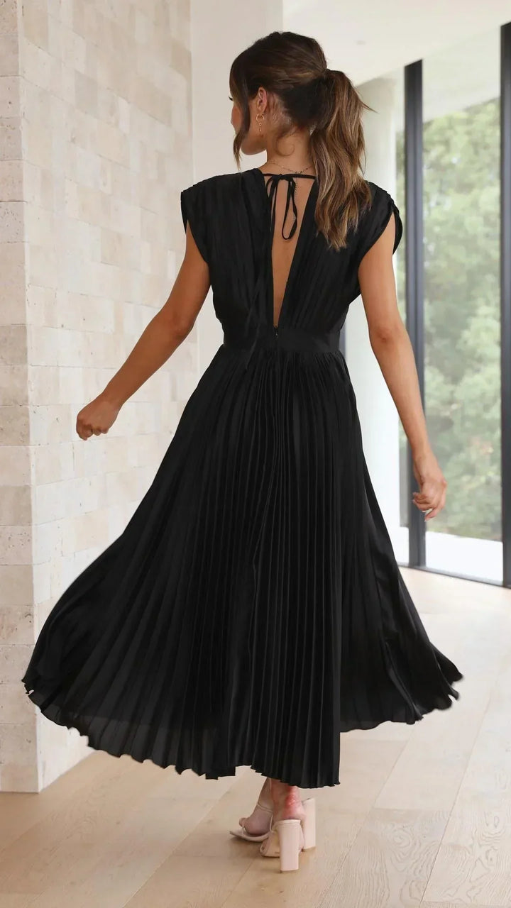 W&W Mode Plissiertes Kleid | Elegantes Mido Damenkleid mit V-Ausschnitt und Rückenbindung