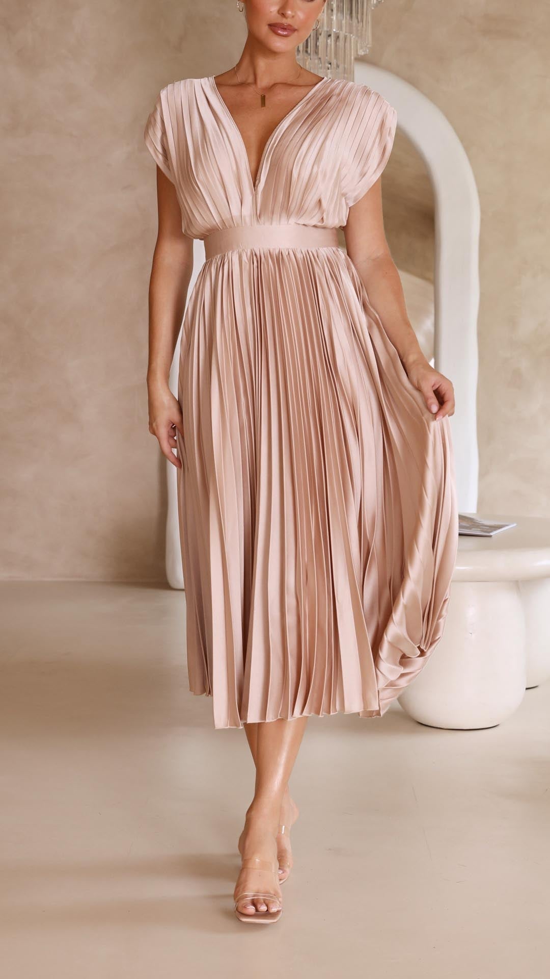 W&W Mode Plissiertes Kleid | Elegantes Mido Damenkleid mit V-Ausschnitt und Rückenbindung