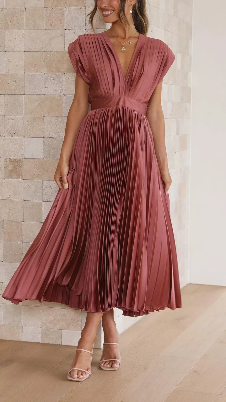 W&W Mode Plissiertes Kleid | Elegantes Mido Damenkleid mit V-Ausschnitt und Rückenbindung