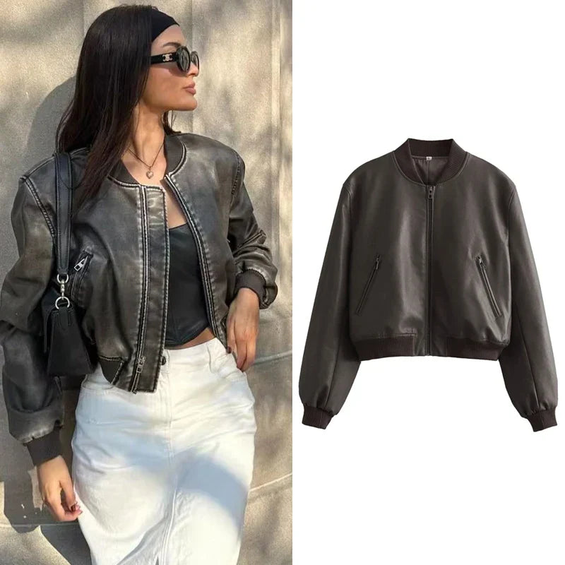 W&W Mode - Vintage PU-Leder Bomberjacke für Damen mit Stehkragen und Frontreißverschluss