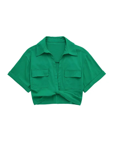 W&W Mode - Damen Vintage Kurzarm Leinen Crop Shirt