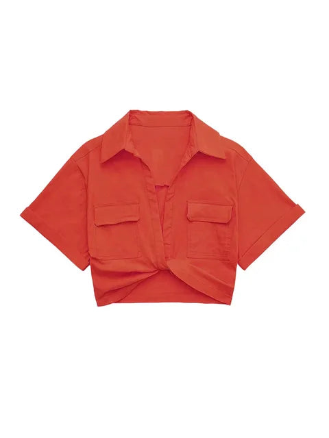 W&W Mode - Damen Vintage Kurzarm Leinen Crop Shirt
