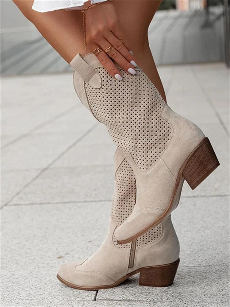 W&W Mode | Cowboy-Stiefel - stilvolle Damenstiefel mit Perforationen und Blockabsatz