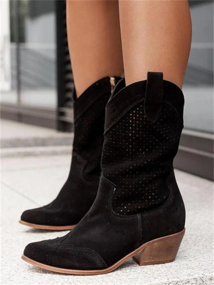 W&W Mode | Cowboy-Stiefel - stilvolle Damenstiefel mit Perforationen und Blockabsatz