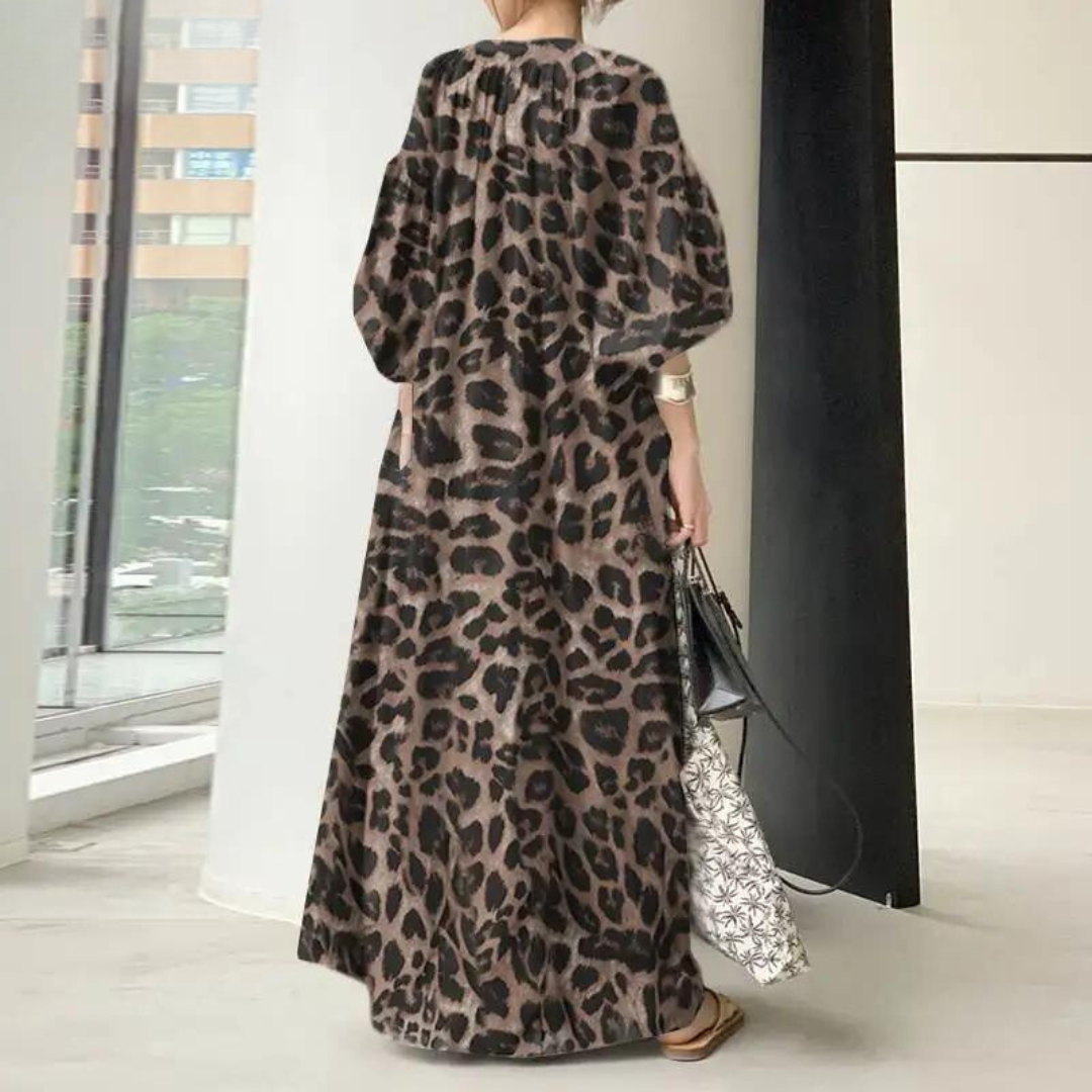 W&W Mode Leopardenkleid | Stilvolles, sommerliches, bedrucktes, oversized Maxikleid mit langen Ärmeln
