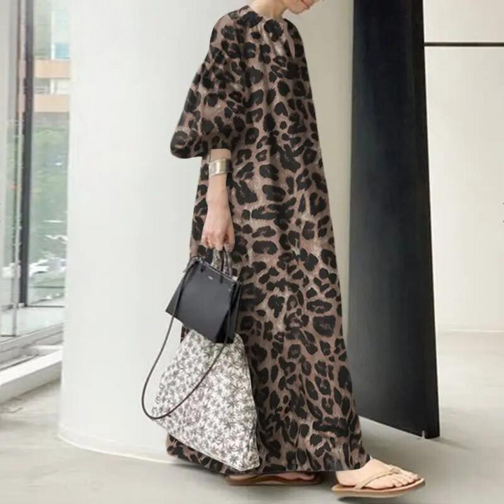 W&W Mode Leopardenkleid | Stilvolles, sommerliches, bedrucktes, oversized Maxikleid mit langen Ärmeln