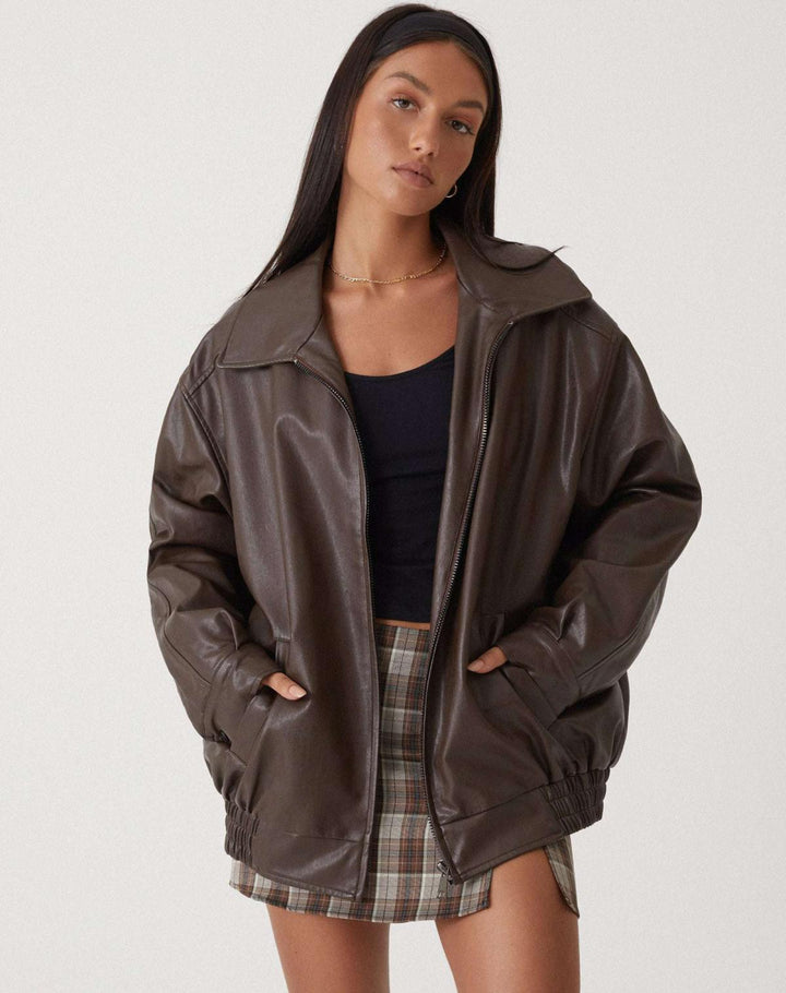 W&W Mode | Übergroße Jacke Kunstleder Reißverschluss Kunstlederjacke Damenjacken