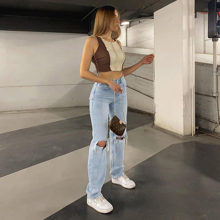 WOLFF Damen Jeanshose Mit Lockerer Passform Zerrissen Weites Bein Hohe Taille Lassige Baggy Jean