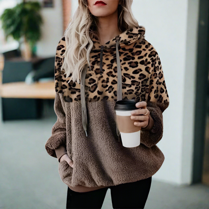 W&W Mode – Lässiger, einfarbiger Plüsch-Hoodie mit Tasche und Leopardenmuster