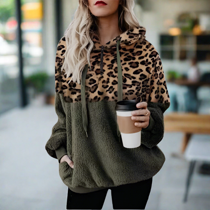W&W Mode – Lässiger, einfarbiger Plüsch-Hoodie mit Tasche und Leopardenmuster