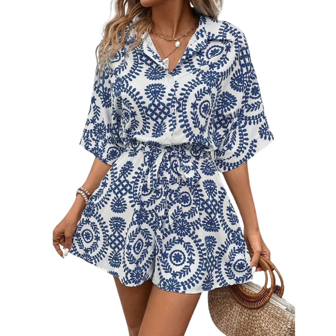 W&W Mode Jumpsuit -  Weinlese - Kurze Ärmel mit Gürtel