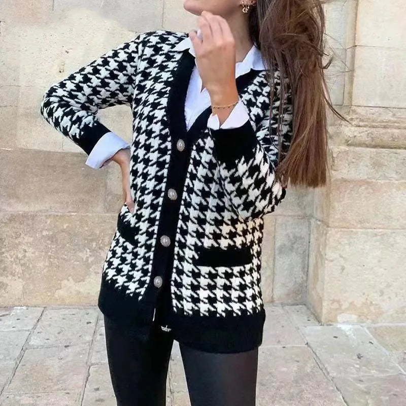 W&W Mode | Hahnentrittmuster-Cardigan mit Kontrastleiste