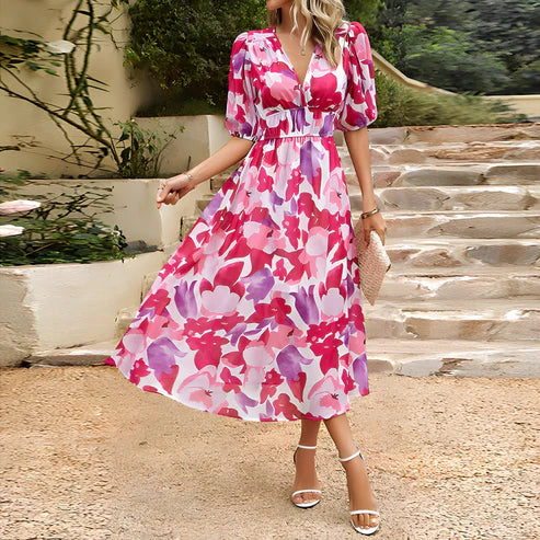 W&W Mode Floral Kleid | Modernes elegantes Maxikleid mit V-Ausschnitt und Blumen