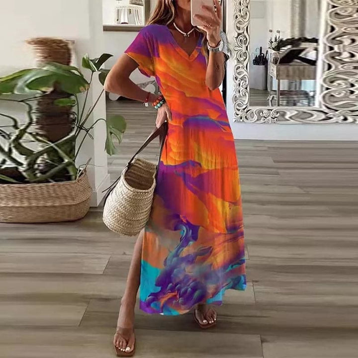W&W Mode | Buntes Maxi-Kleid mit V-Ausschnitt