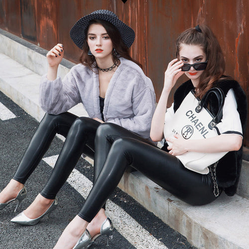 Damen Lederleggings mit hoher Taille und Samt-Fleecefutter