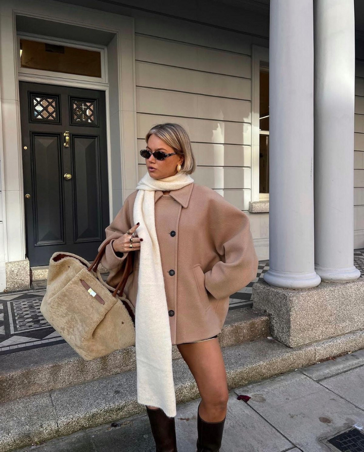 W&W Mode | Lockere Passform Einreihig Übergroße Jacke Kurzer Wollmantel für Damen