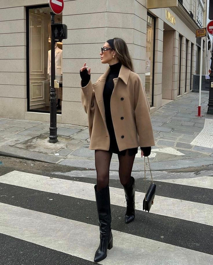 W&W Mode | Lockere Passform Einreihig Übergroße Jacke Kurzer Wollmantel für Damen
