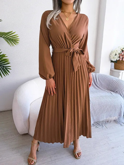 W&W Mode - Damen V-Ausschnitt Plissiertes Maxikleid Langarm
