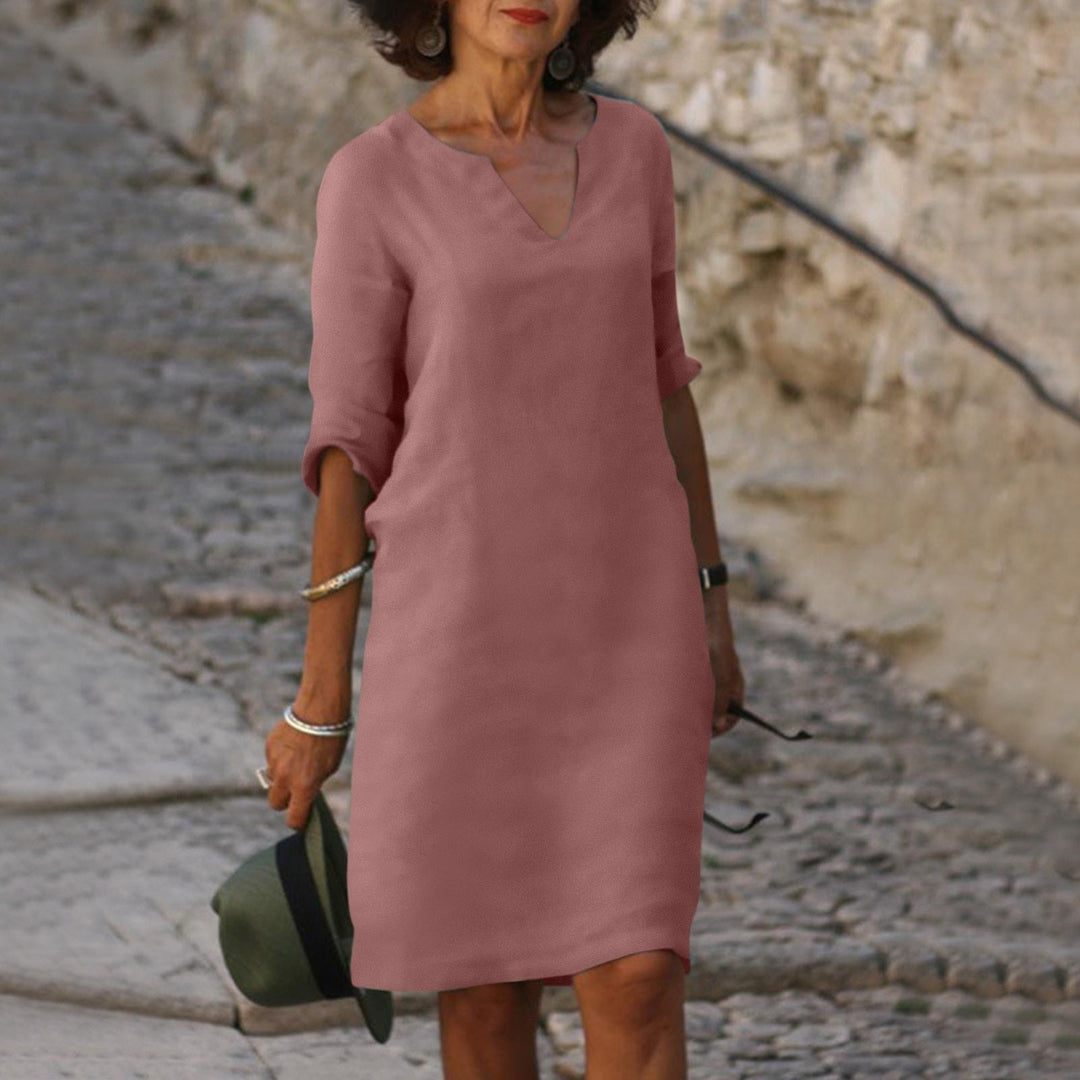 W&W Mode | Lockere Passform Halbe Ärmel Kurzkleid Leinenkleid