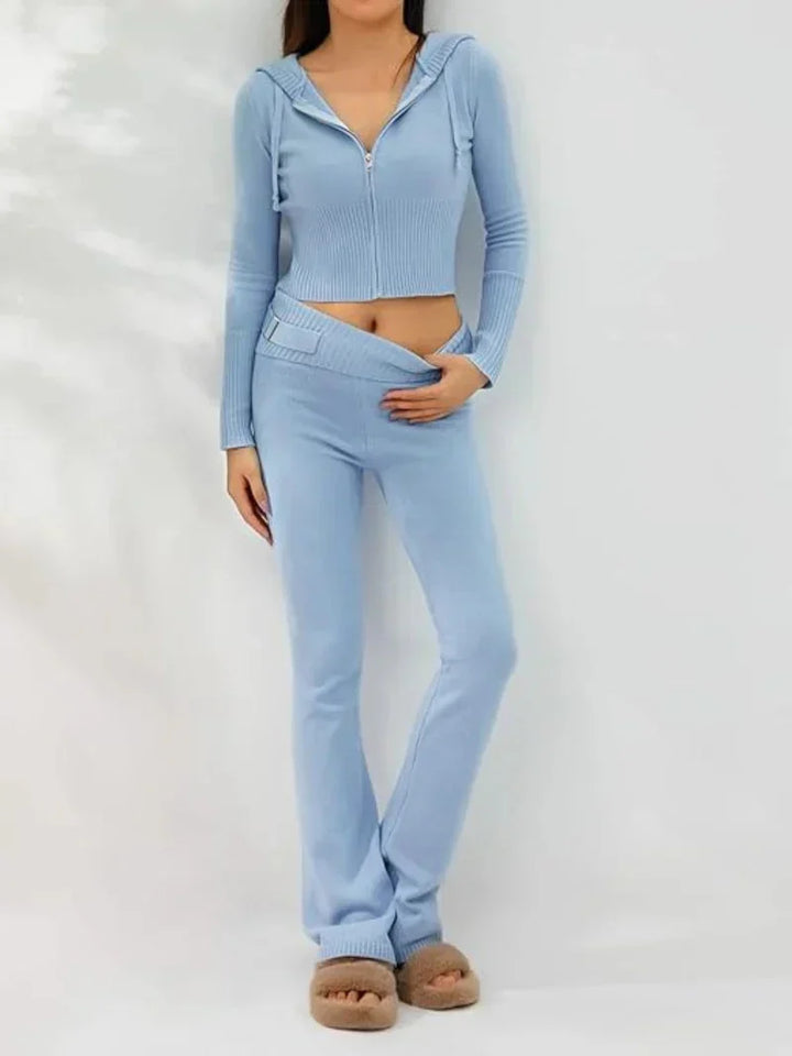 Damen-Strick-Set mit Kapuzenjacke und Hose mit weitem Bein