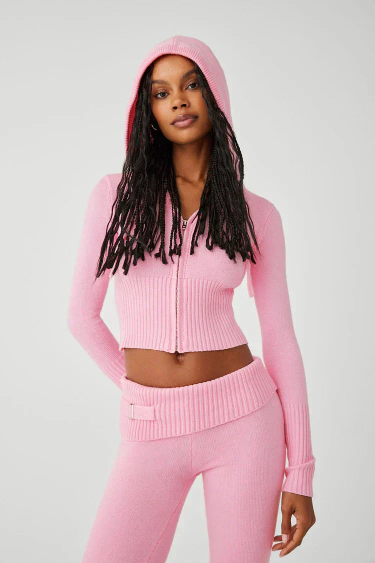 Damen-Strick-Set mit Kapuzenjacke und Hose mit weitem Bein