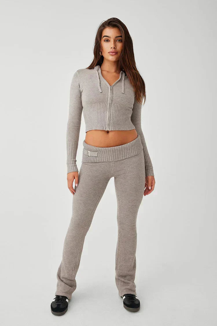 Damen-Strick-Set mit Kapuzenjacke und Hose mit weitem Bein