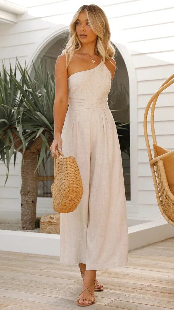 Damen Jumpsuit mit hoher Taille, weitem Bein und abnehmbarem Taillengürtel