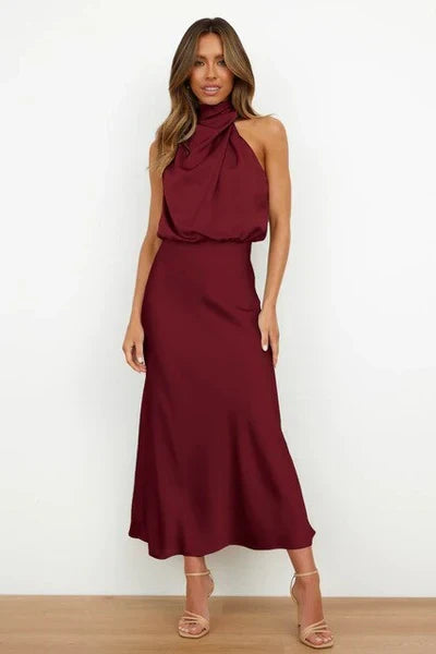 W&W Mode | Elegantes Halter Midi Kleid Für Damen Mit Hohem Hals Und Satinlook
