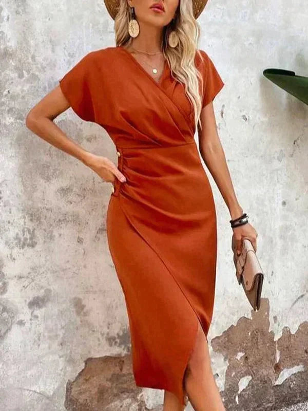 Damen orangefarbenes Midikleid mit V-Ausschnitt