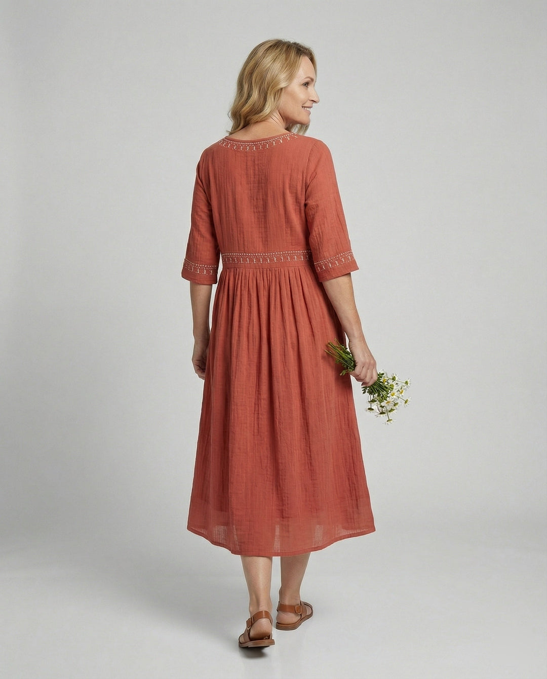 W&W Mode - Damen Besticktes Baumwoll-Leinen Kleid, Luftig & Locker Geschnitten