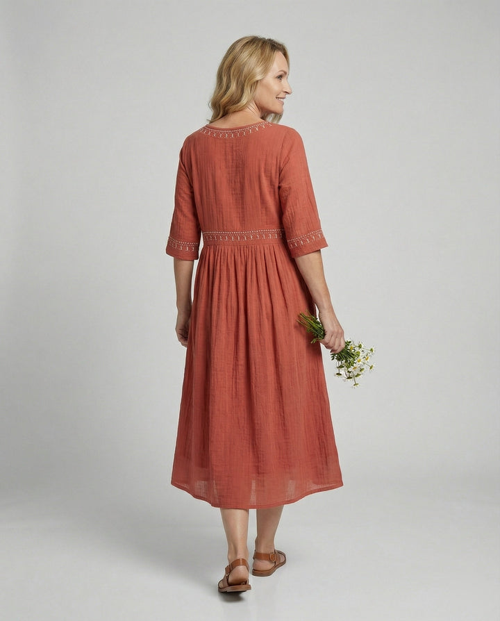 W&W Mode - Damen Besticktes Baumwoll-Leinen Kleid, Luftig & Locker Geschnitten