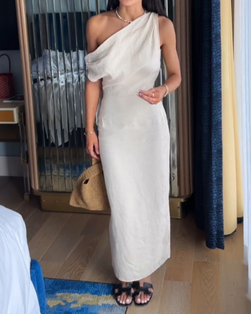 Leinenkleid mit schräger Schulter