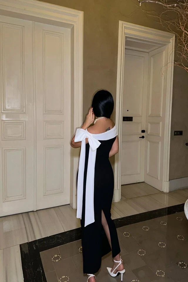 W&W Mode | Elegantes Off Shoulder Midikleid in Schwarz Mit Weiß Schleifendetail