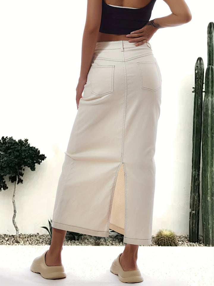 W&W Mode | Einfarbiger Weißer Schlitz Hinten Lässig Maxi Denim Rock