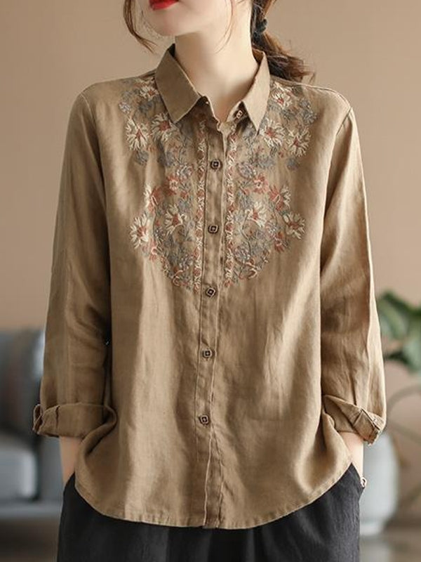 W&W Mode | Bequemes ethnisches blumiges Baumwoll-Leinen-Shirt für Frauen