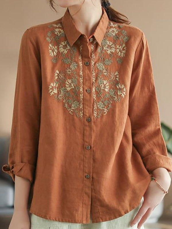 W&W Mode | Bequemes ethnisches blumiges Baumwoll-Leinen-Shirt für Frauen