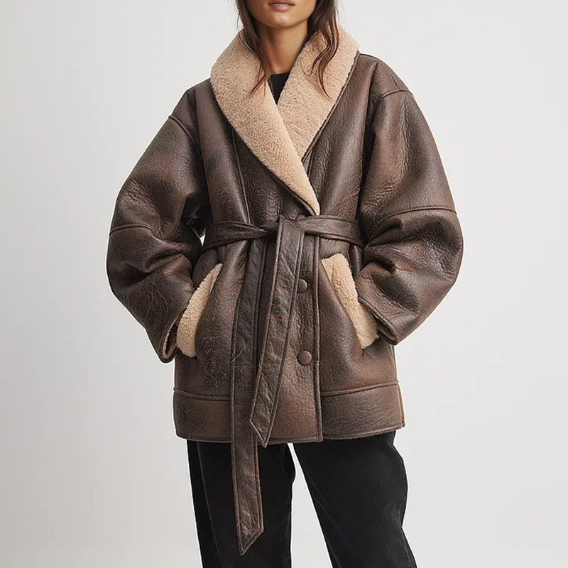 Damen Kunstlederjacke mit weichem Sherpa-Futter und Gürtel