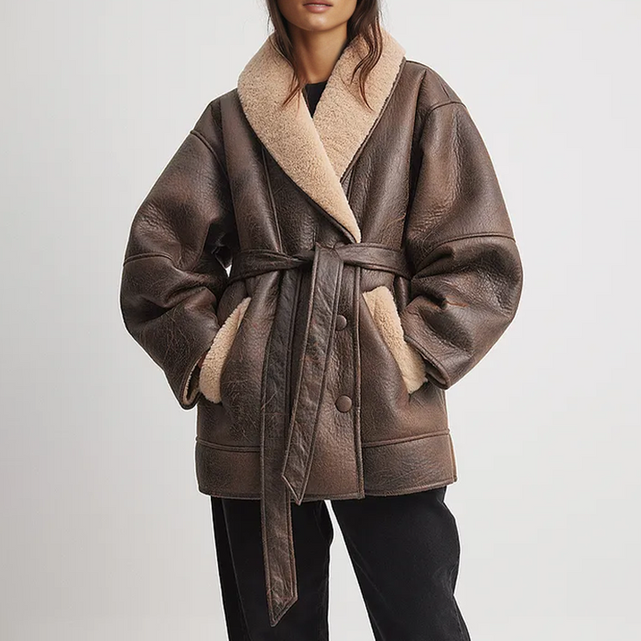 Damen Kunstlederjacke mit weichem Sherpa-Futter und Gürtel