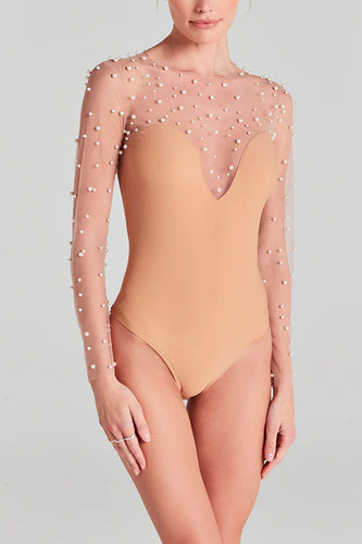 Damen-Bodysuit aus transparentem Mesh mit Perlenverzierung
